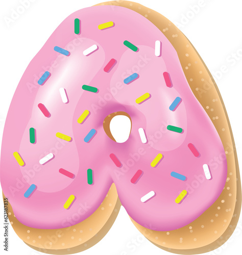 Vector pink letter A from donut alphabet. Sweet tasty cookie font. Food illustration