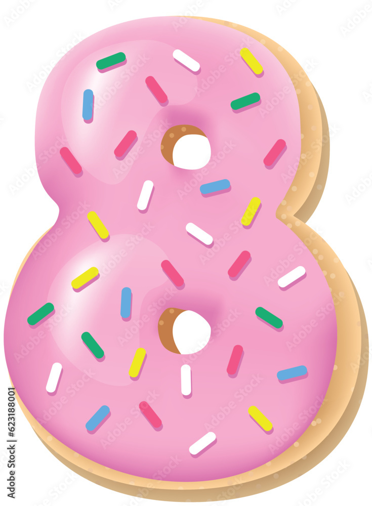 Vector glazed pink number 8 from donut font. Sweet tasty cookie figure. Food illustration Vector glazed pink number 8 from donut font. Sweet tasty cookie figure. Food illustration