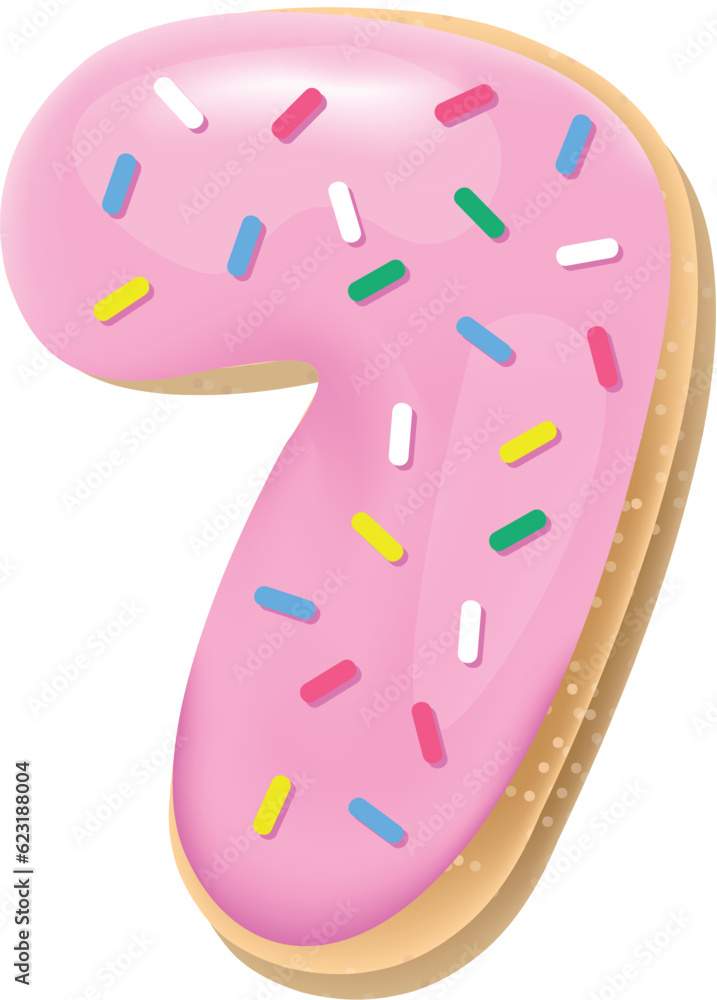 Vector glazed pink number 7 from donut font. Sweet tasty cookie figure. Food illustration Vector glazed pink number 7 from donut font. Sweet tasty cookie figure. Food illustration