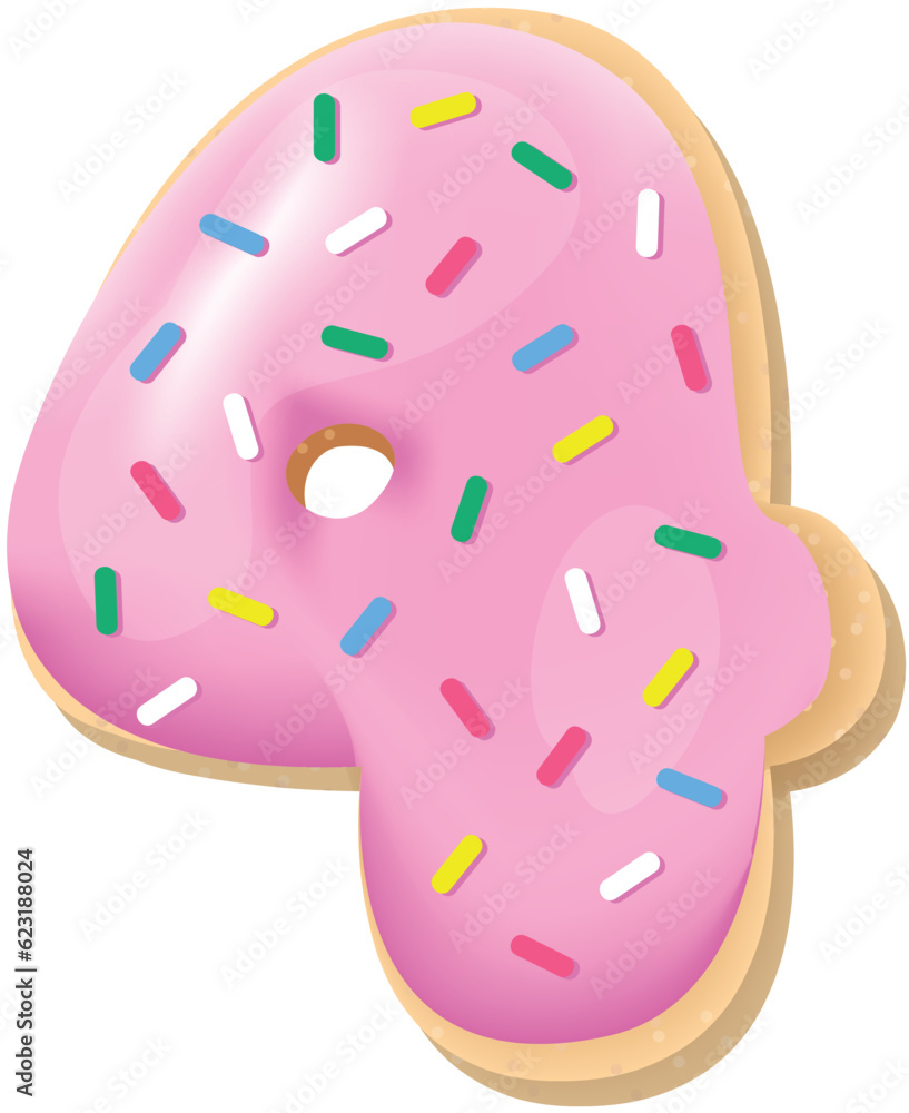Vector glazed pink number 4 from donut font. Sweet tasty cookie figure. Food illustration Vector glazed pink number 4 from donut font. Sweet tasty cookie figure. Food illustration
