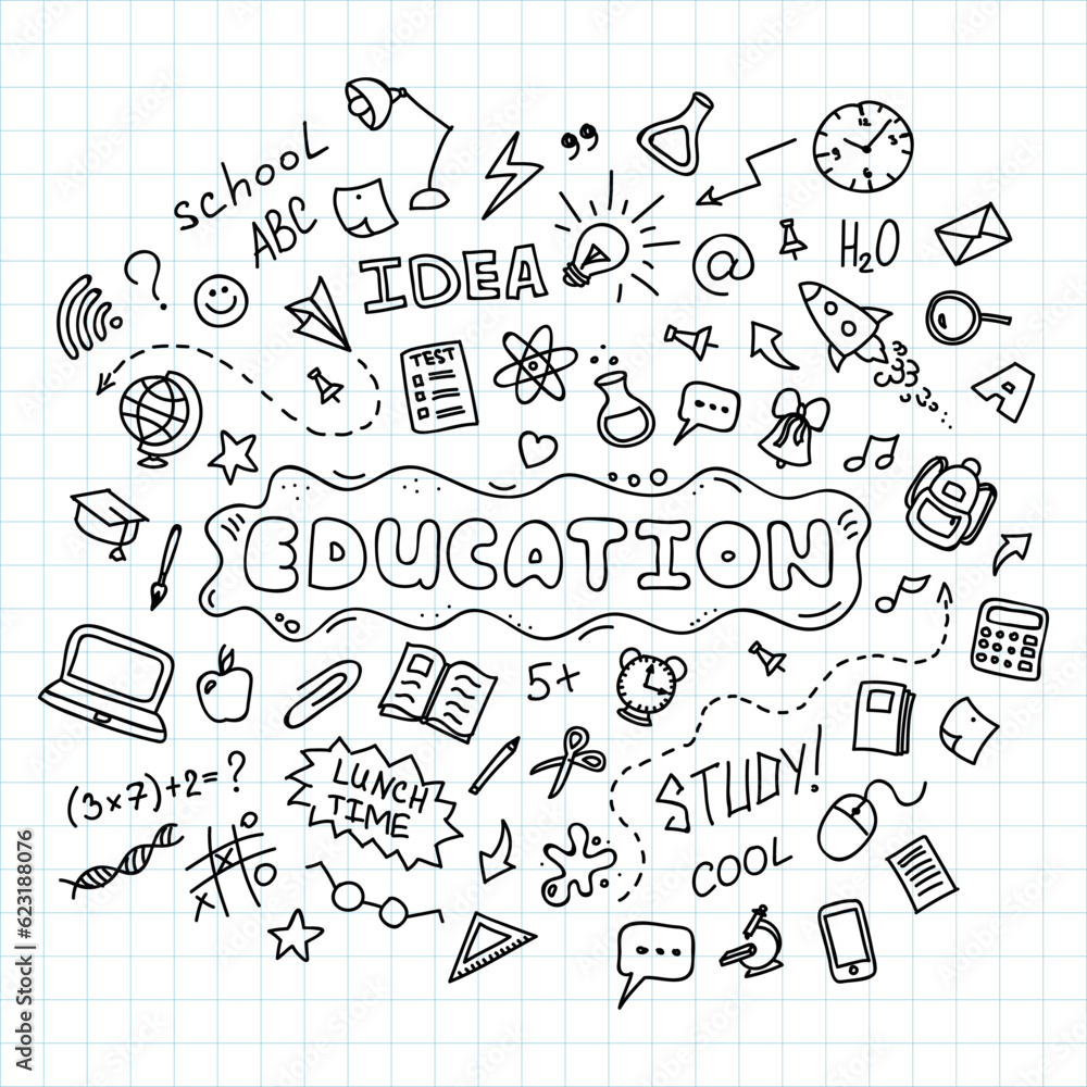 Education concept. Hand drawn school doodles icons set. Vector illustration. 