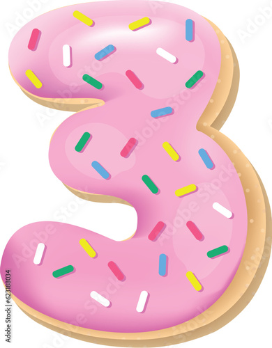 Vector glazed pink number 3 from donut font. Sweet tasty cookie figure. Food illustration