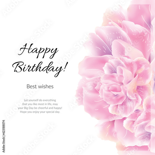 Happy Birthday greeting card with pink flowers. Spring season. Elegant luxury design. Vector illustration