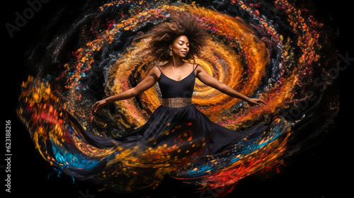 Enchanting young woman in vibrant dress, eyes wide with awe as magical galaxy spirals around her on black background - encapsulating cosmic wonder. Generative AI