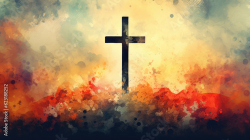 Watercolour pencil illustration of wooden cross. Colorful background with splashes. A sense of evil and world end.