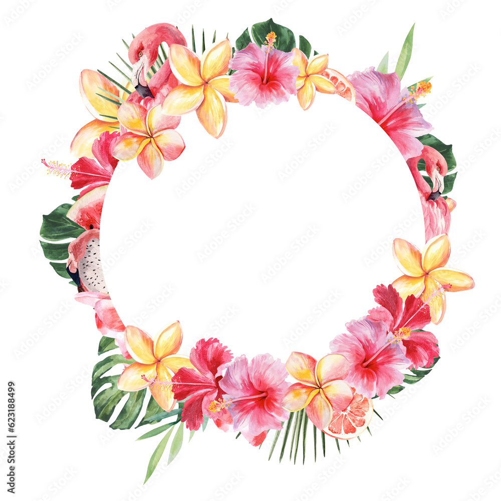 Fototapeta premium Bright juicy illustration on the theme of tropical plants and flamingos. Round frame. Watercolor drawing by hand on a white background.