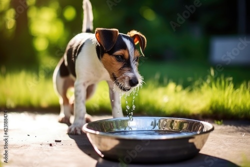 Cute dog drinking water from a bowl on a sunny day in the garden