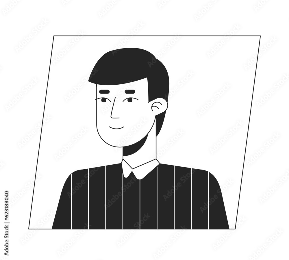 Serious asian man black white cartoon avatar icon. Editable 2D character user portrait, linear flat illustration. Vector face profile. Outline person head and shoulders Serious asian man black white cartoon avatar icon. Editable 2D character user portrait, linear flat illustration. Vector face profile. Outline person head and shoulders