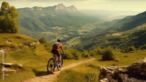 A woman on a mountain bike riding through a landscape, Generative AI.