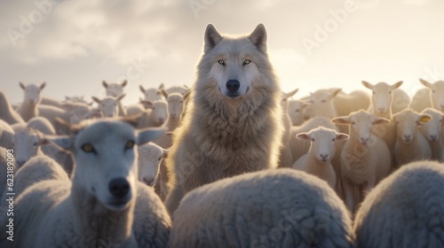 A wolf standing a flock of sheep  Generative AI.