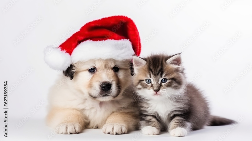 Cute fluffy ginger kitten and puppy in santa claus hat, close-up light background copy space. New Year, holiday concept Cute fluffy ginger kitten and puppy in santa claus hat, close-up light background copy space. New Year, holiday concept