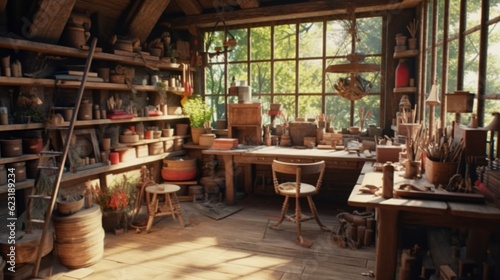 A woodworking and craft room with a rustic, Generative AI.