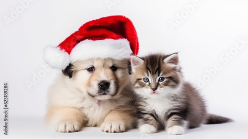 Cute fluffy ginger kitten and puppy in santa claus hat, close-up light background copy space. New Year, holiday concept