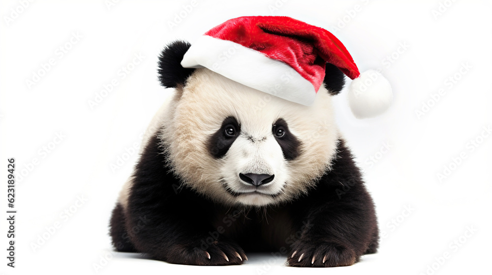 Obraz premium Clumsy cute panda bear in santa claus hat, white background copy space. New Year, holiday concept
