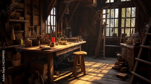 A woodworking work desk in a rustic room by the window  Generative AI.