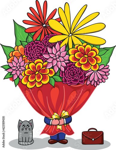 A schoolboy with a huge bouquet of flowers goes to school. Print for the holiday on September 1. Greeting card in cartoon style