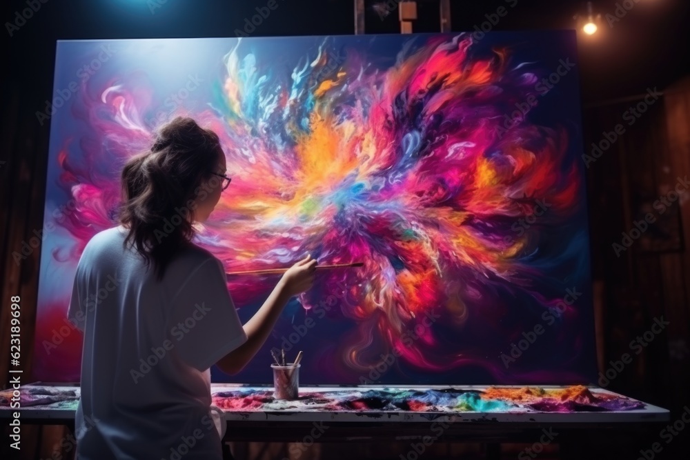 Female Artist Captured in Dramatic Light While Painting on Canvas generative AI