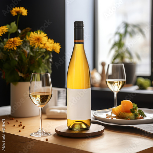 White wine bottle with blank label and two glasses of white wine on wooden table.