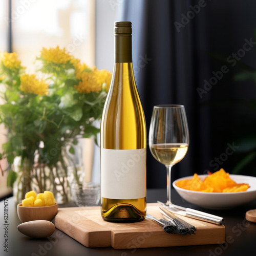 White wine bottle with blank label on wooden cutting board in modern kitchen