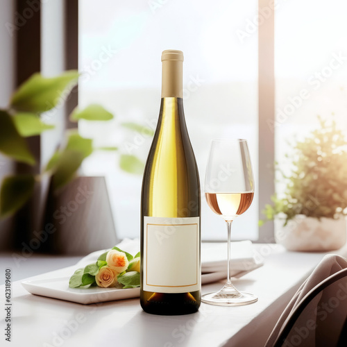 Wine bottle with blank label and glass of white wine on table