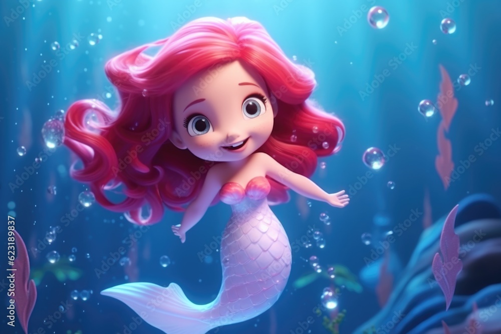3d Cartoon Enchanted Underwater World with a Cheerful Mermaid generative AI