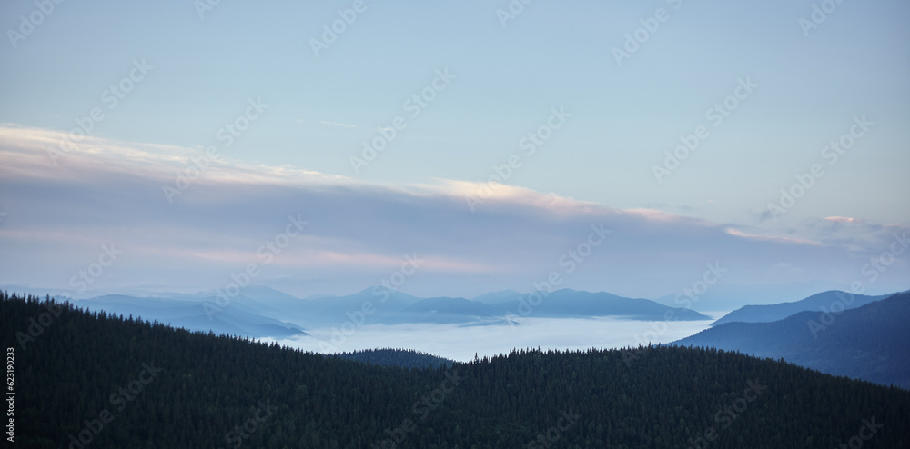 Carpathians, mountains in the fog, landscape of summer landscapes