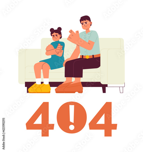 Asian parent scolding child error 404 flash message. Angry father disciplining daughter. Empty state ui design. Page not found popup cartoon image. Vector flat illustration concept on white background