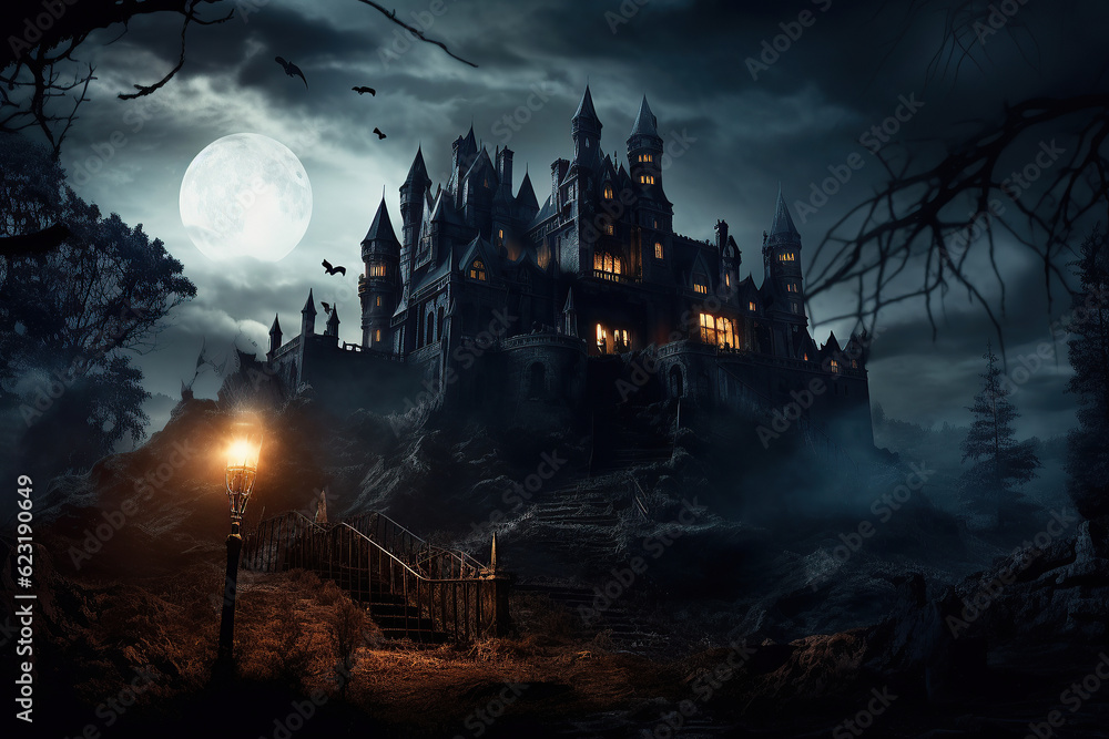 Halloween, hunted spooky, horror house in a dark black forest, horror, generative ai