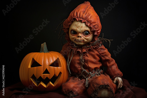 Halloween, a horror creepy doll sitting with pumpkin, generative ai