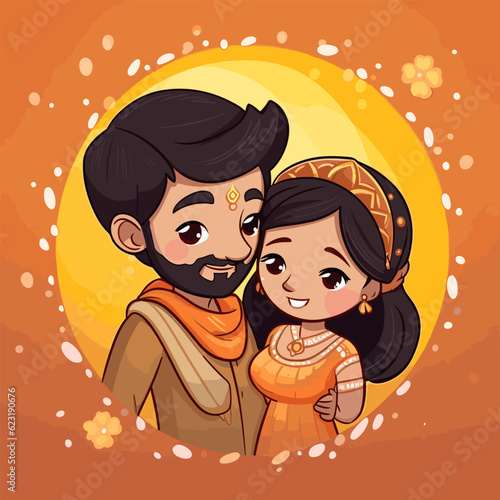 Indian couple hand-drawn comic illustration. Indian couple. Vector doodle style cartoon illustration