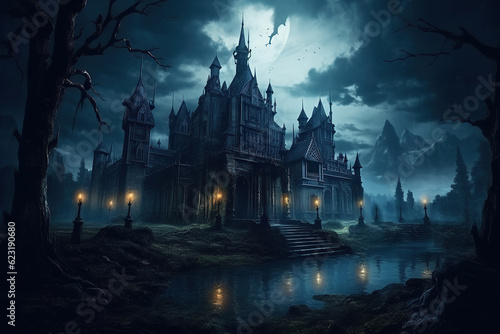 Halloween, hunted spooky, horror house in a dark black forest, horror, generative ai