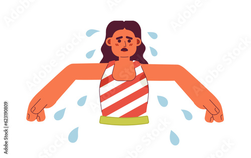 Arabic woman with sweaty armpits semi flat color vector character. Sweating girl feeling discomfort. Editable half body person on white. Simple cartoon spot illustration for web graphic design