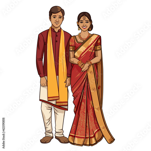 Indian couple hand-drawn comic illustration. Indian couple. Vector doodle style cartoon illustration