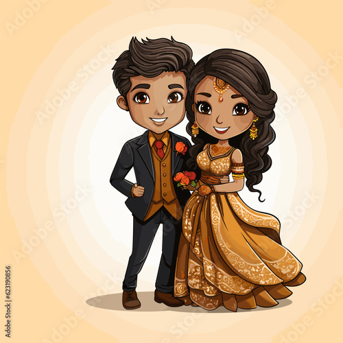 Indian couple hand-drawn comic illustration. Indian couple. Vector doodle style cartoon illustration