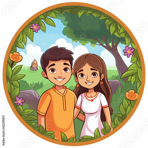 Indian couple hand-drawn comic illustration. Indian couple. Vector doodle style cartoon illustration