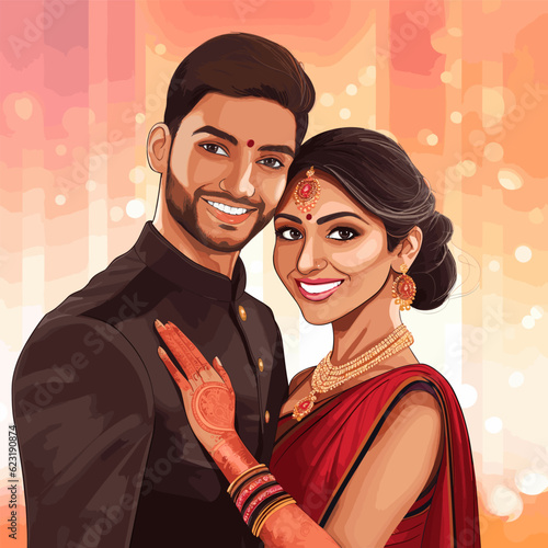 Indian couple hand-drawn comic illustration. Indian couple. Vector doodle style cartoon illustration