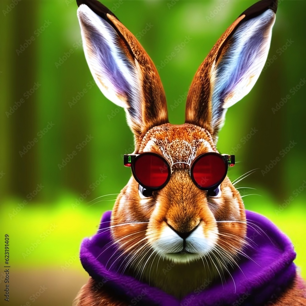 A hare exudes glamour and sophistication, stylishly adorned in chic glasses and a fashionable scarf, radiating confidence. Created with Generative AI technology.