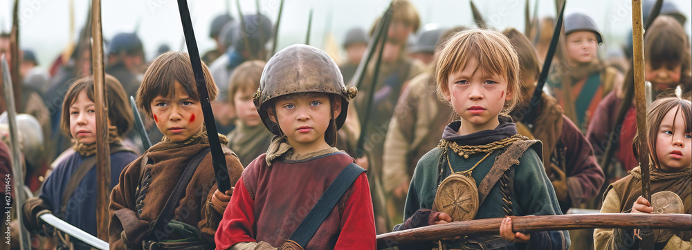 Epic scene of fair-haired children in medieval attire, armed with swords and spears, embracing the foggy battlefield's muddy chaos. Generative AI