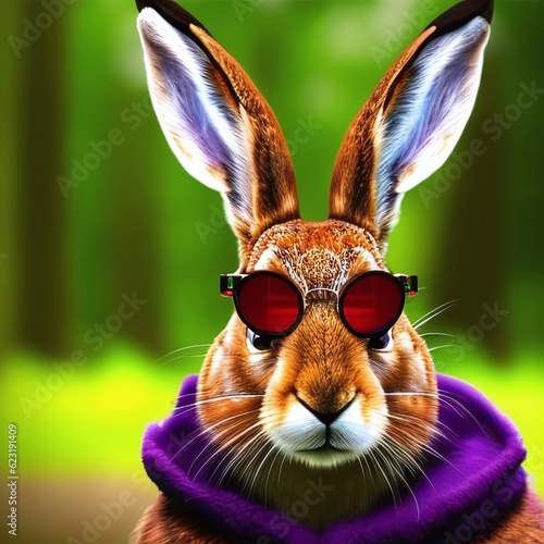 A hare exudes glamour and sophistication, stylishly adorned in chic glasses and a fashionable scarf, radiating confidence. Created with Generative AI technology. (ID: 623191409)