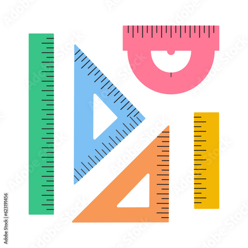 Colorful rulers set. Short and long rulers, triangular and protractor doodle icons, school geometry tools, stationery clip art. Vector illustration isolated on white background