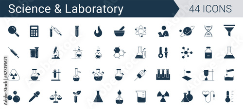 Science and Laboratory Icon Set. Chemistry and microbiology lab research, glassware, beakers, test tube, icons vector