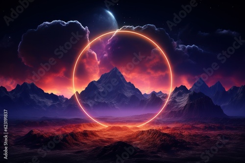Fantasy landscape with planet and moon. 3d rendering. Computer digital drawing.