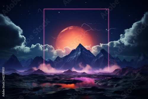 Fantasy landscape with mountains  moon and stars. 3d rendering