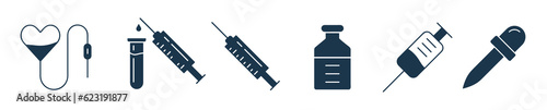 Medical equipment icon set. Syringe, vaccine, blood beg icon vector