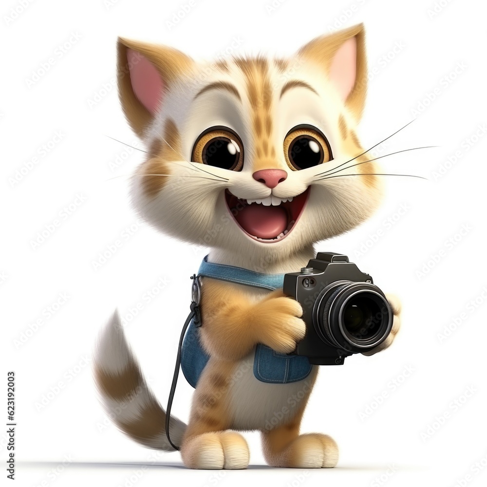 Playful Whiskers: 3D Cartoon Cat Shot with Canon EOS 5D, Isolated on White Background, with Clipping Path, Full Depth of Field, and Focus Stacking Generative AI