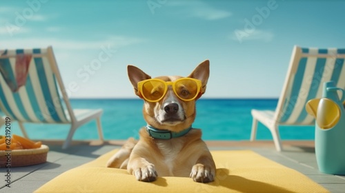 Dog dressed in sunglasses at a swimming pool on the beach, Generative AI. © Dhiman