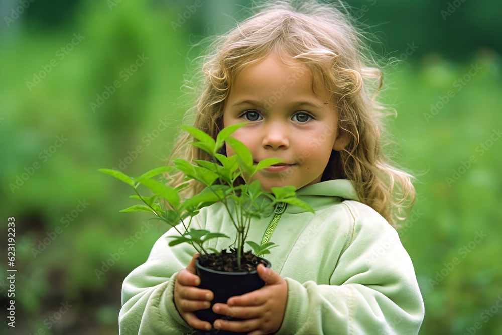 Touching scene - young girl gently holding budding plant, symbolizing growth and hope, set against vibrant green background. Generative AI Touching scene - young girl gently holding budding plant, symbolizing growth and hope, set against vibrant green background. Generative AI