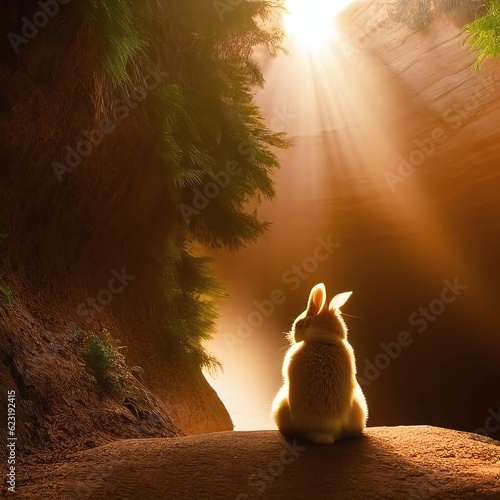 A peaceful scene featuring a hare sitting in solitude, back turned to the camera, as the morning sunrise unfurls before it. Created with Generative AI technology. (ID: 623192415)