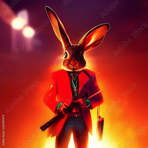 Full-length depiction of a hare in the Cyberpunk style, confidently holding an object in his hands, exhibiting an aura of audacious charm. Created with Generative AI technology. (ID: 623192474)