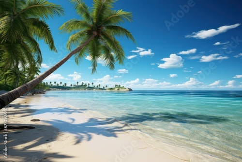 Tropical beach with coconut palm trees and blue sky background. © Angus.YW